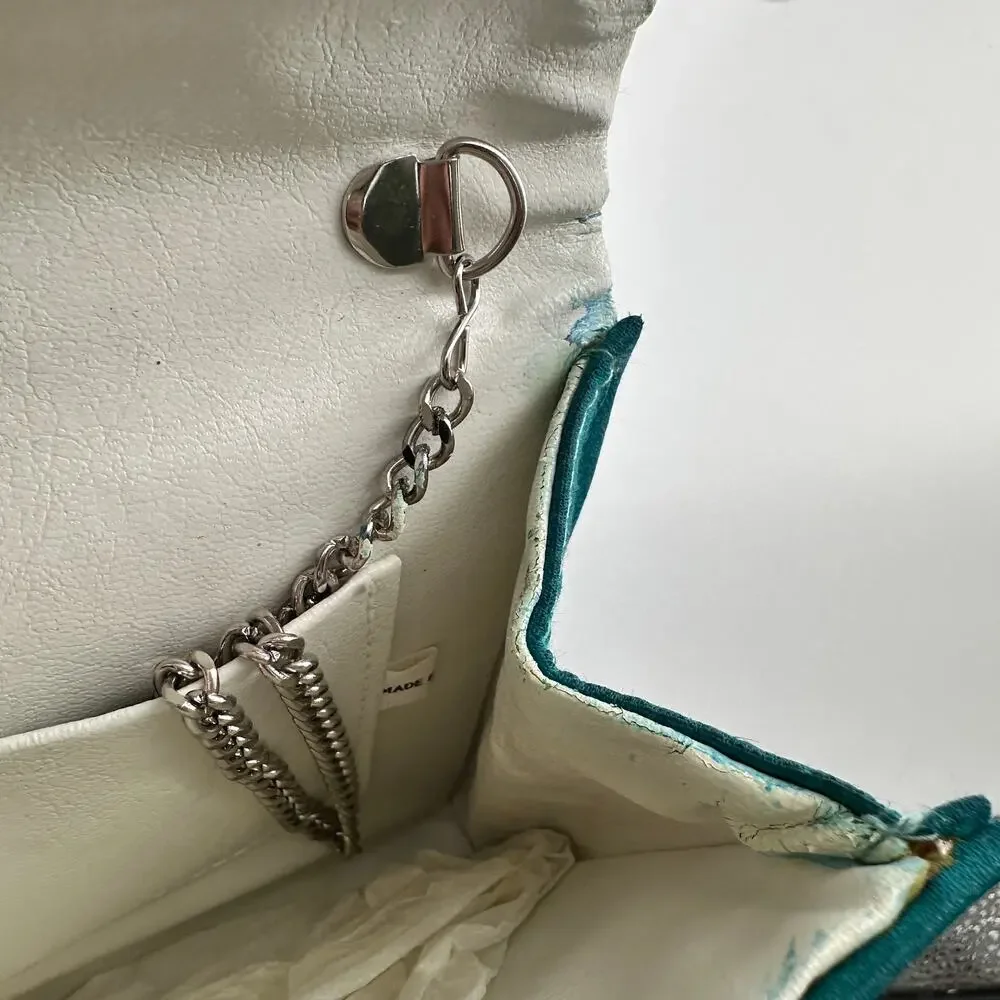 Vintage Dyeables Teal Satin Clutch Purse with Silver Chain Strap 10x5